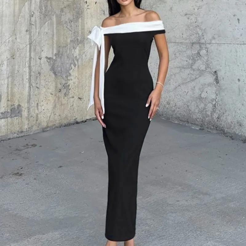 Big Bow Contrast Color Strapless Party Dresses Women's Vintage Off-Shoulder Long Tube Bodycon Dress For Evening Gown Vestidos