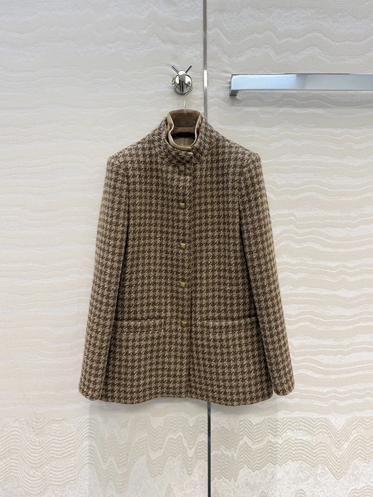 Spring Autumn Fashion Vintage Thousand Bird Lattice Wool Trousers Suit Women's Stand Collar Long Sleeve Coat + Wide Leg Pants
