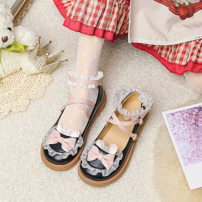 Women Lolita Princess Maid Cosplay Shoes Patchwork Color Cross Strap Buckle Round Toe Girls Cute Rabbit Ears Pumps Flat Heels