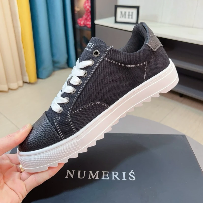 Trendy Chunky-soled Casual Sneakers Unisex Low-top Lace-up Canvas Sneakers Denim Color-blocked Height-enhancing Street Style