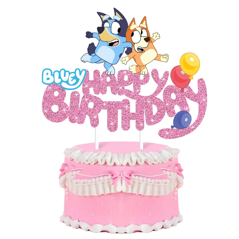 Tarjeta de inserción de pastel Bluey, tarjeta de pastel con tema de Bingo Bluey, polvo brillante, bandera de feliz cumpleaños, decoración de