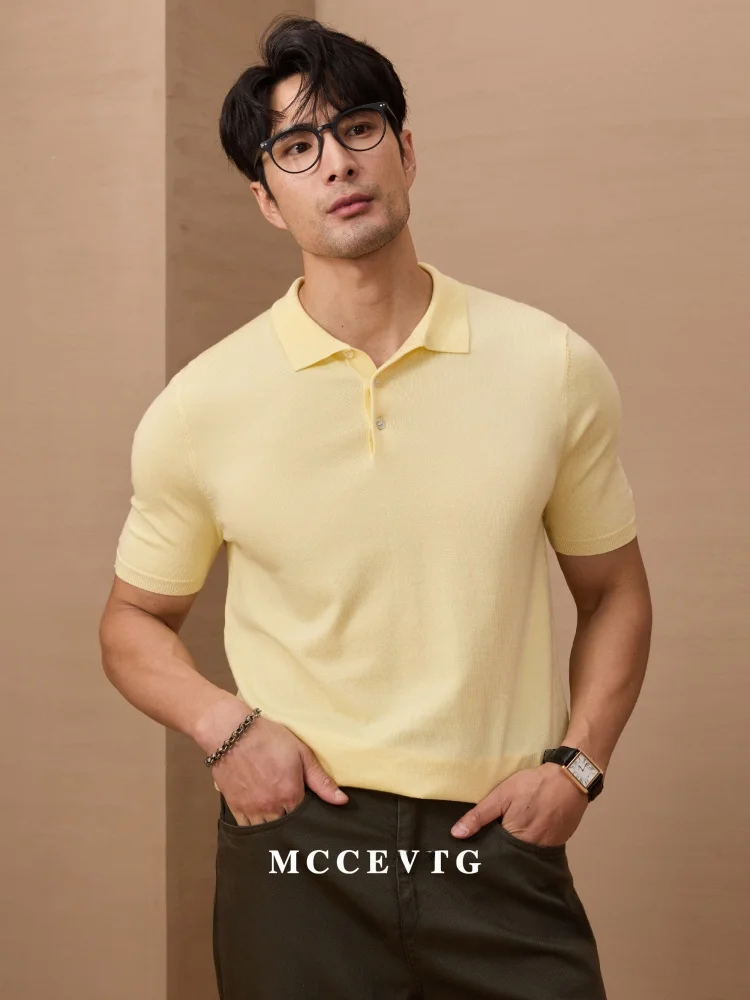 

MCCEVTG Italian Vintage Fiber Shirt Men's Short Sleeve Turn-down Collar Knitted Summer Fashion Urban Style Pure C...
