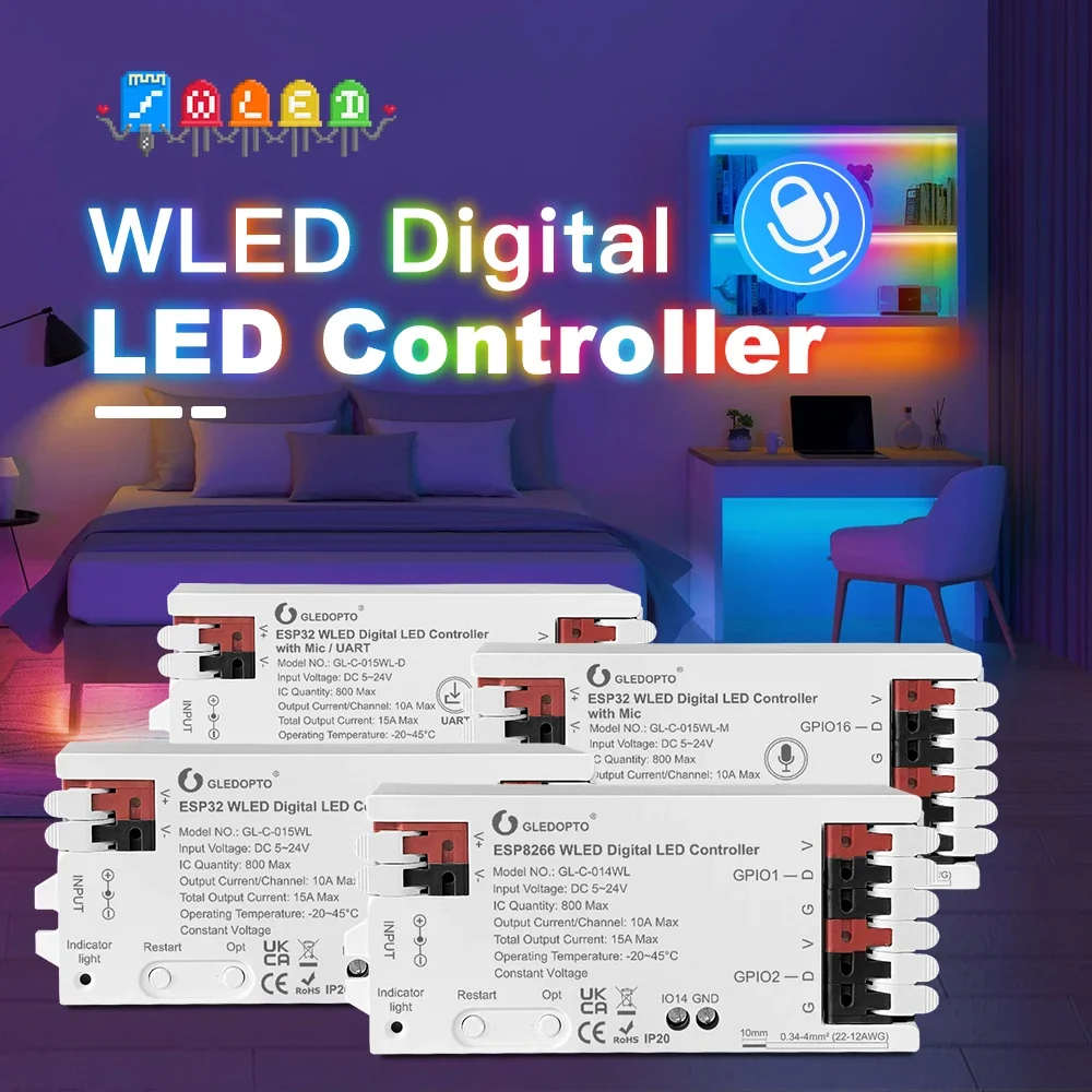 Контроллер светодиодных лент GLEDOPTO WLED ESP8266 ESP32 Микрофон RGB IC Цифровые фонари Адресная гирлянда WS2811 WS2812 WS2815 SK6812