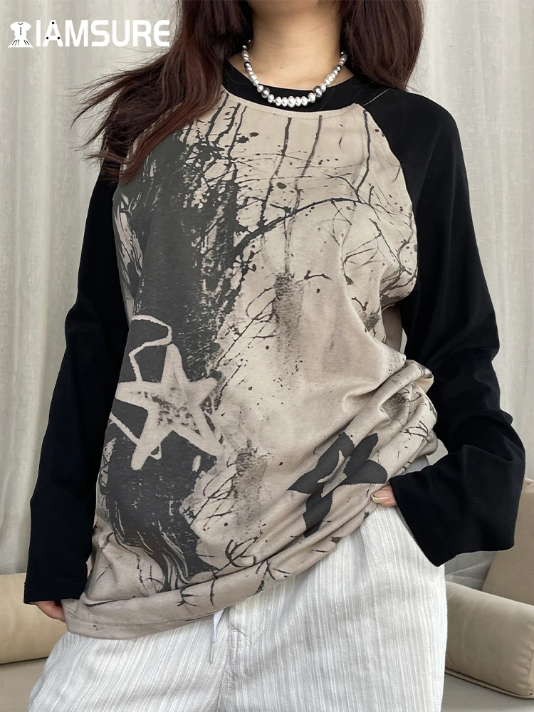 

IAMSURE Casual Streetwear Patchwork T Shirt Vintage Basic Loose O-Neck Long Sleeve Tees Women 2023 Autumn Winter Fashion Ladies