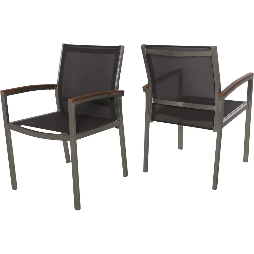 كراسي تناول الطعام من Great Deal Furniture Emma Patio - ألومنيوم - مقاعد شبكية خارجية - أذرع خشبية صناعية - مجموعة من 2 - فضي مع رمادي و