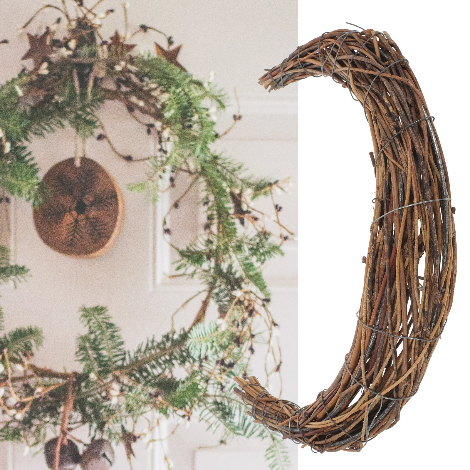 

Natural Rattan Wreath Circle DIY Moon Shaped Wreath Frame for Festive Holiday and Wedding Decorations Vine Branch Rattan