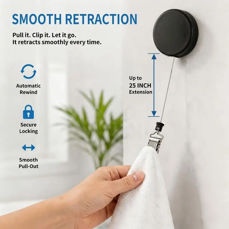 Automatic Retractable Towel Rack No Punching Self Adhesive Wall Mount Automatic Rebound With Strong Clip
