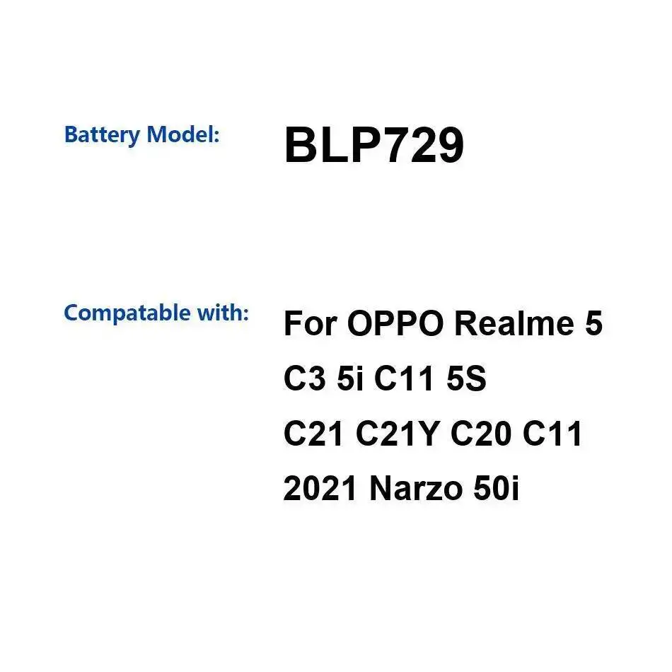 

5000 мАч BLP729 Надежный аккумулятор для мобильного телефона, прочный для Oppo Realme 5 C3 5I C11 5S C21 C21Y C20 2021 Narzo 50I