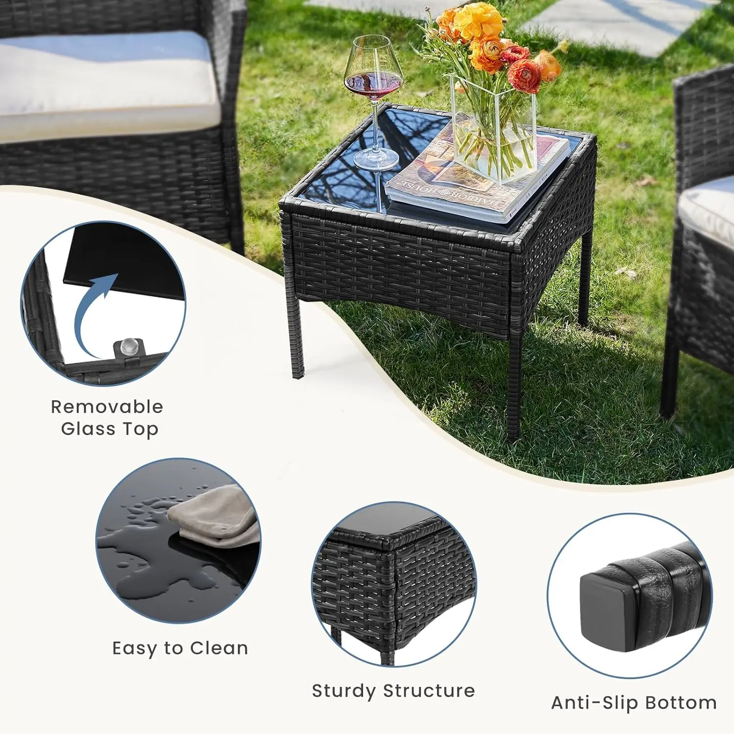 Patio Furniture Set 3 Pieces, Outdoor Wicker Furniture with Coffee Table, Modern Rattan Patio Chairs Conversation Sets with Sofa