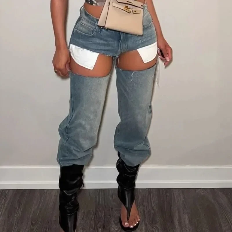 

Y2k Sexy Hollow Out Denim Pants Women Solid Color Hole Patchwork High Waist Jeans Female Streetwear Bottoms 2025 New