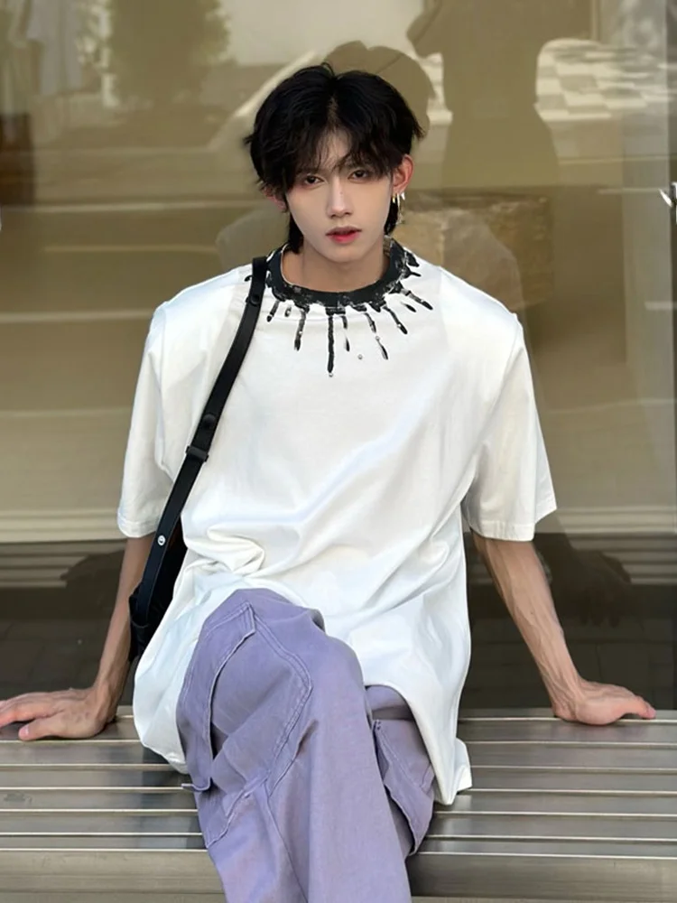 Pure White American Sle T-irt Men Summer Youth Ice Silk ort Sve Padded oulder High Street Small ence Seven Sve