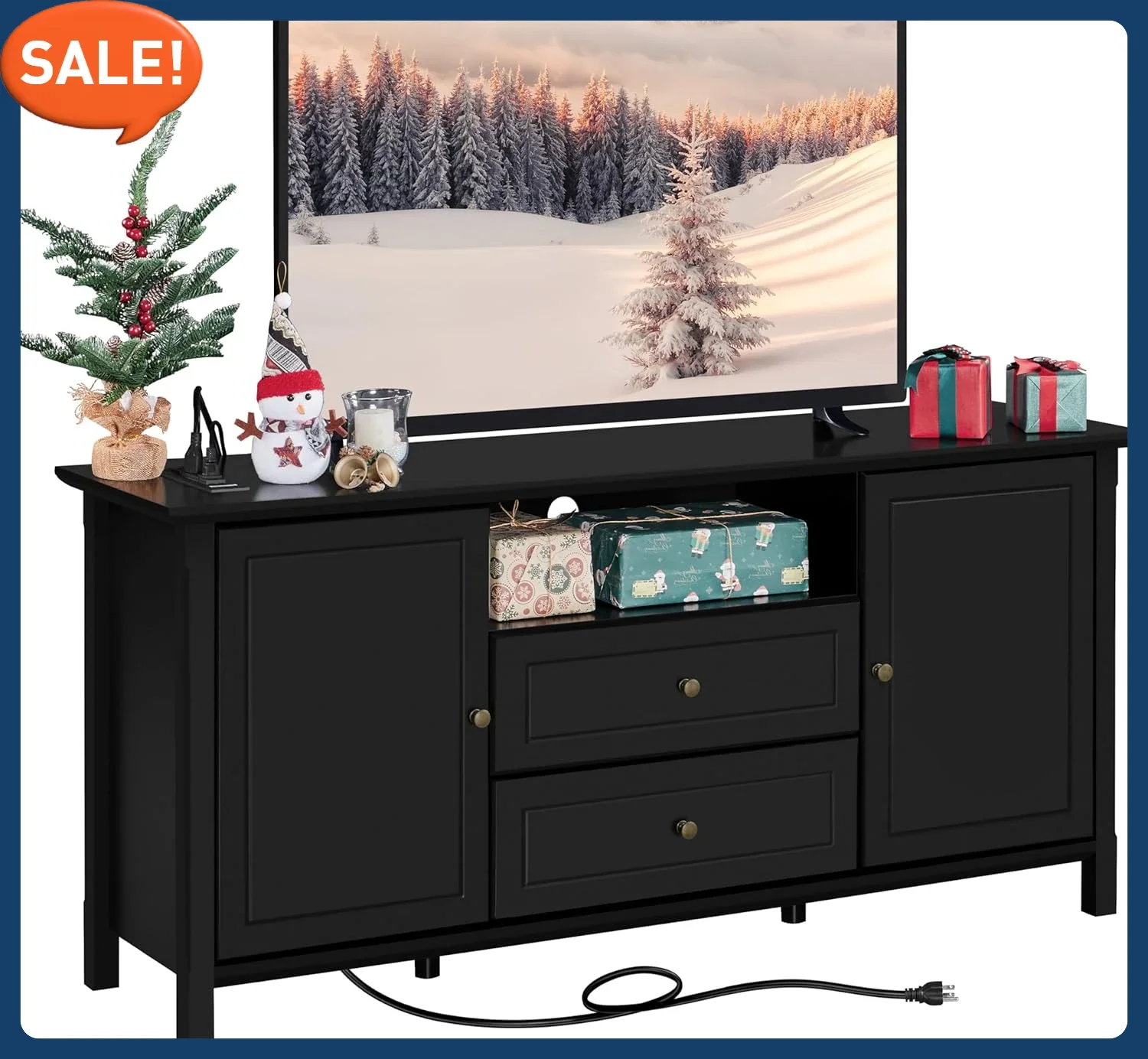 

Black TV Stand for 65 Inch TV, Media Entertainment Center with Power Outlet & Drawers, Modern Dresser Console Table, 58 Inch L