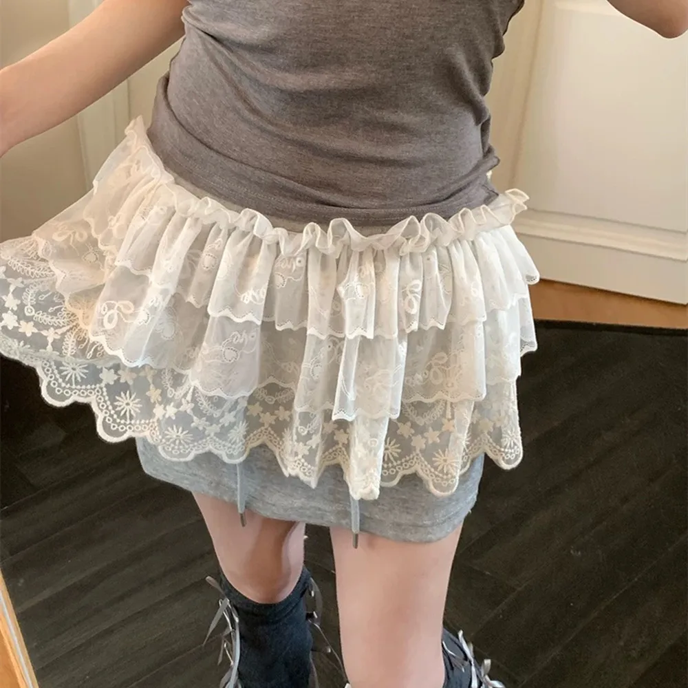 

2026 Spring Summer Women Korean Lace Mini Layered Skirt Y2K Irregular Skirt Curtain White Lace Trim A-Line Short Skirts Hemline