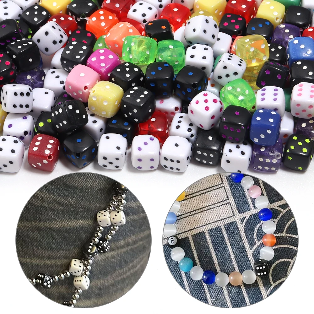 50 Stück/Lot 8mm Würfel-Acrylperlen, quadratische lose Spacer-Perlen, bunte Punkt-Würfelperlen für die Schmuckherstellung, DIY-Armbänder, Zubehör – Detail 2