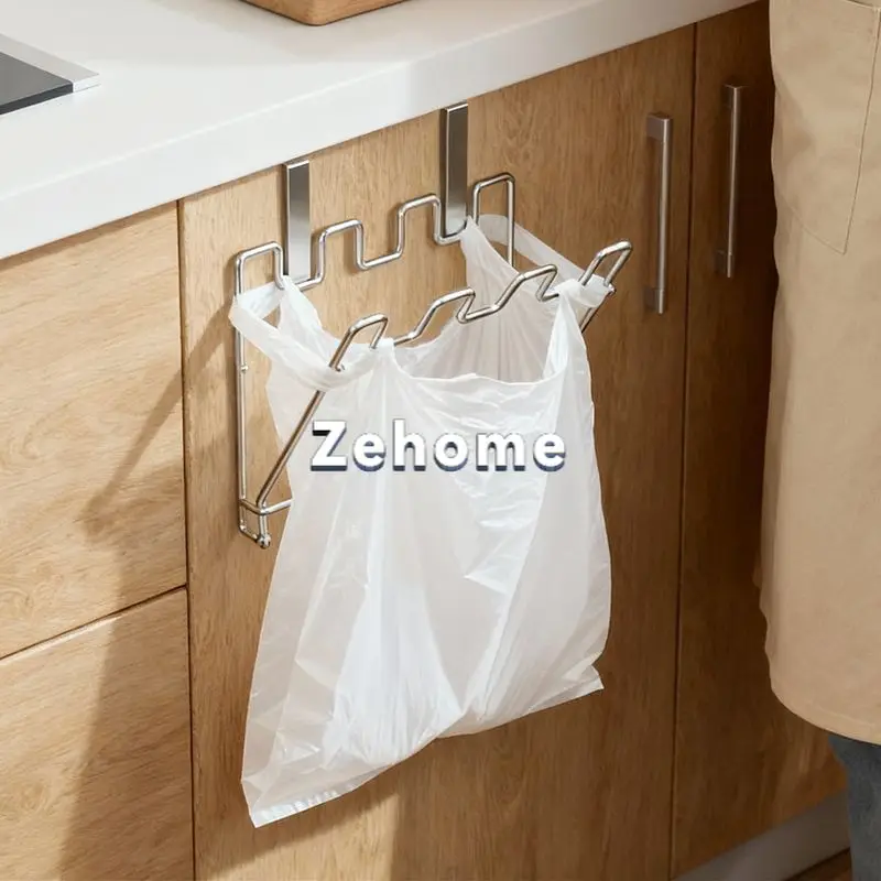 Foldable trash can, kitchen wall-mounted hanging plastic bag storage 304 stainless steel trash bag hanger