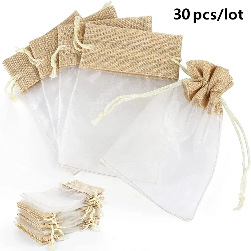 

30pcs Wedding Linen Jute Organza Gift Packaging Bags Christmas Birthday Party Favors Small Drawstring Pouches Candy Cookie Bag