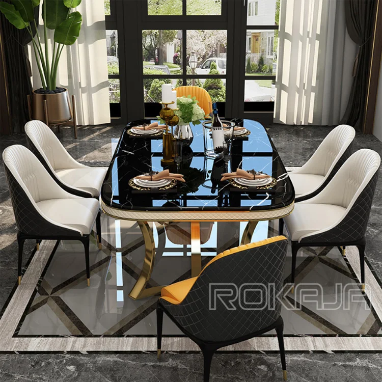 Luxury Royal Dining Room Tables Stainless Steel Black Marble Dining Table 6 Seater Sets Furniture