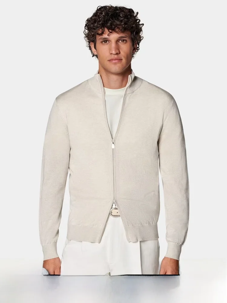 

Ele 3W Wool Silk Blend 6 Needle Luxury Men's Knitted Flight Jaet Casual Stand Fit Long Sve Zipper Closure Coat