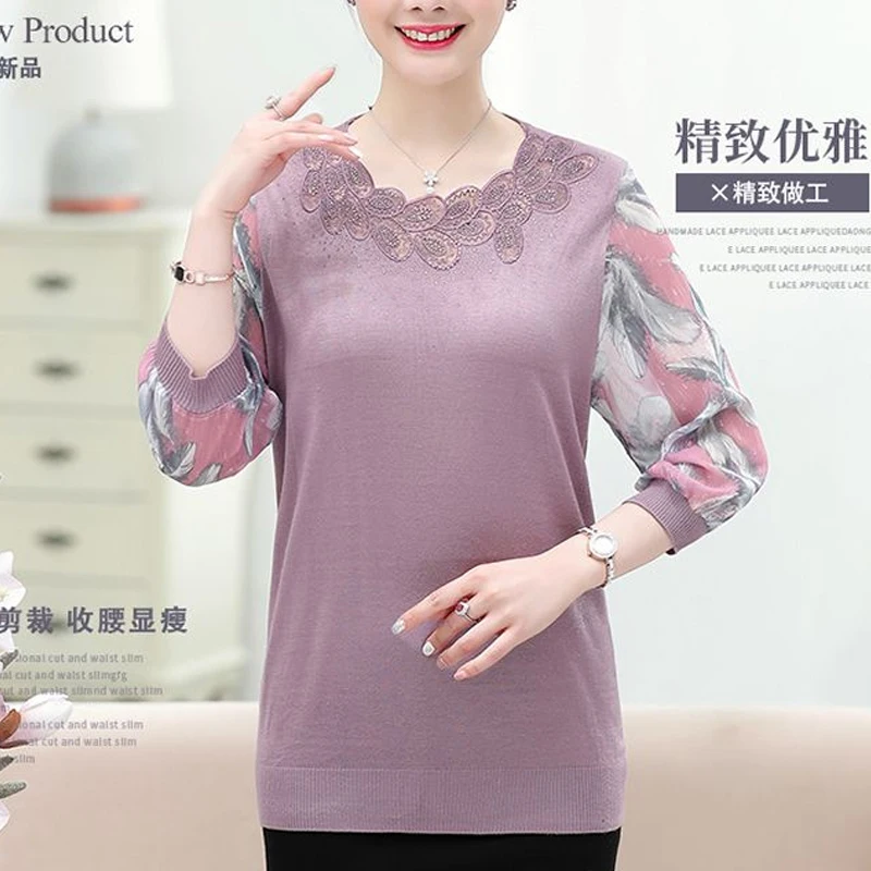 Spring Summer New Round Neck Fashion Three Quarter Knitting Pullovers Women High Street Slim Embroidered Pullovers All-match Top