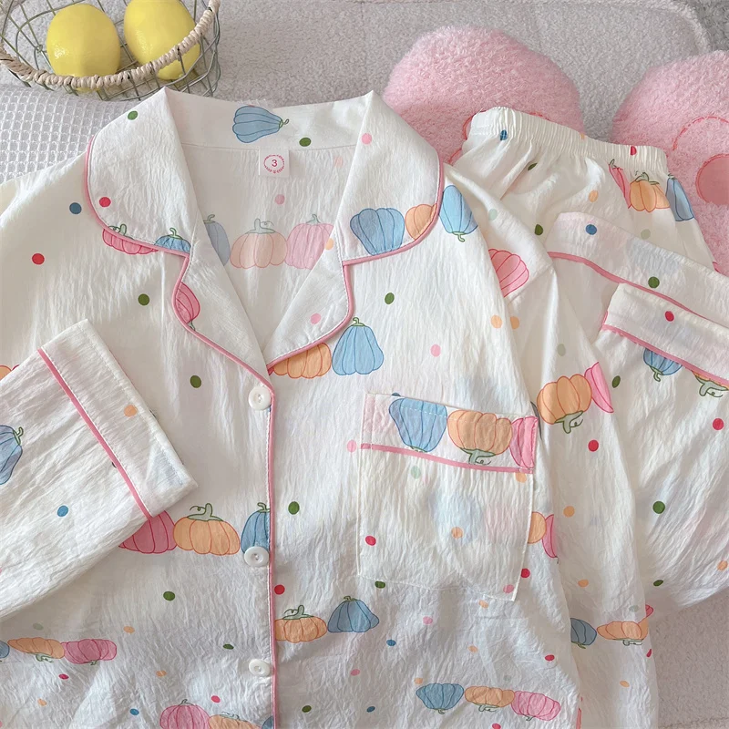 

Y2K Pumpkin Dot Print Outside Women's Pajamas Set Harajuku Style Casual New Spring Pajamas Set for Women Lapel Neck Nightwear
