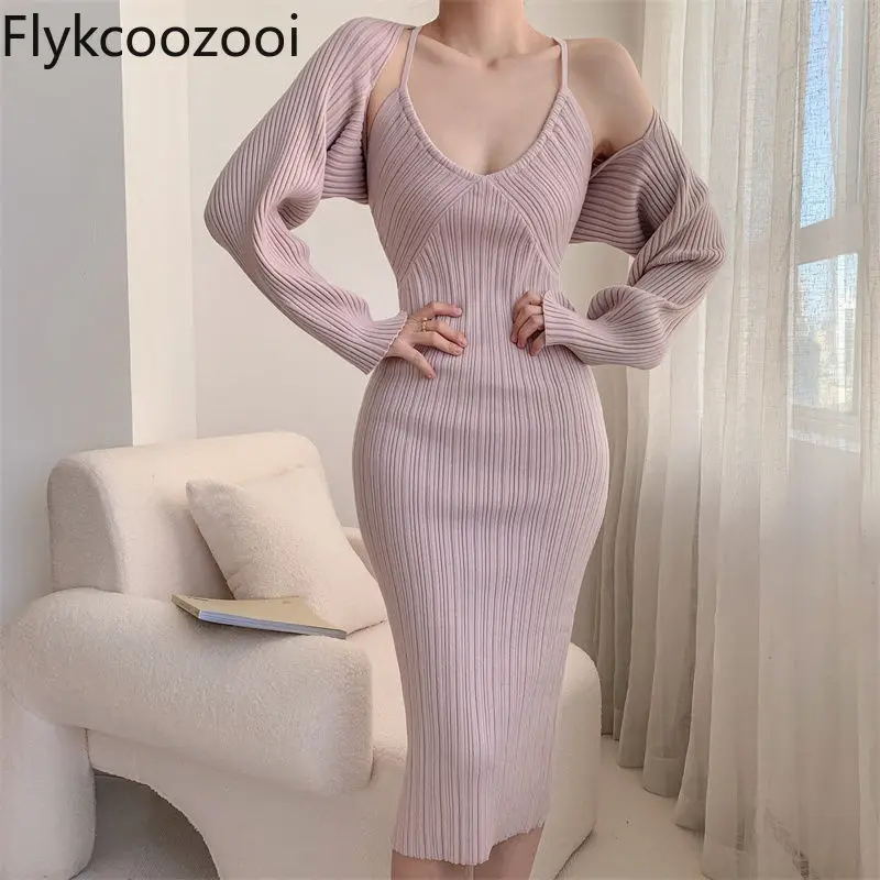 

Solid Sleeve Backless Tube Waisted Wrap Hip Knitted Dress Women Short Long Sleeve Cardigan Autumn Elegant Premium Two Pieces