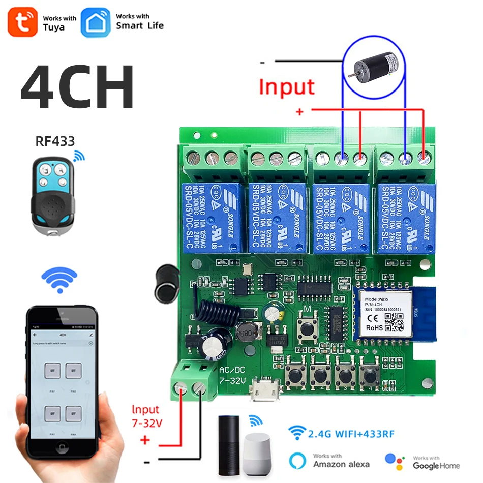 4CH 와이파이 스마트 홈 모터 컨트롤러, DC 12V 24V 32V 220V RF433 원격, 앨리스 알렉사, 투야 스마트 라이프용 4 채널 릴레이 스위치 