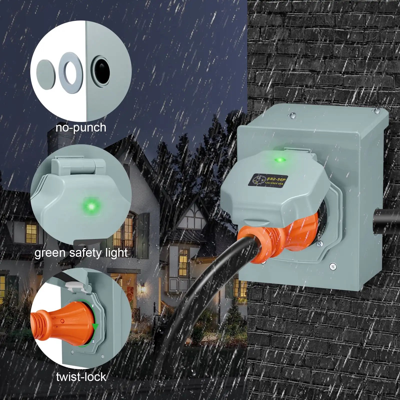 Cabo de extensão de gerador resistente de 50 Amp com caixa de entrada de energia - Adaptador de bloqueio giratório NEMA 14-50P para SS2-50R para RV