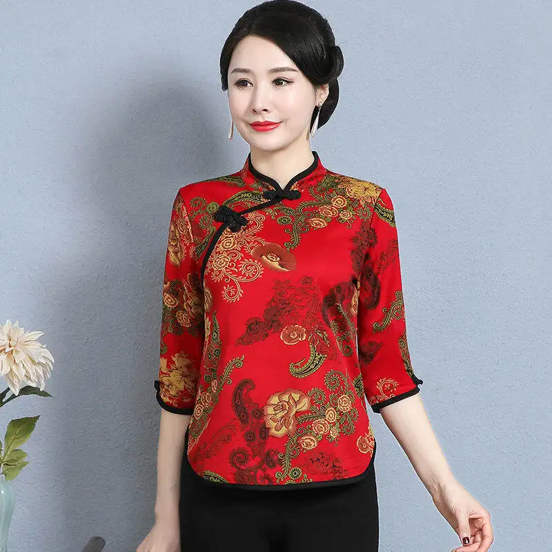 

Middle-aged and Elderly Women Cheongsam Thin Top Summer Printed Cropped Base Layer Everyday Mother Chinese Retro Printing Shirt