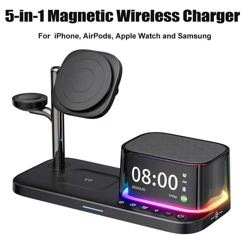 5-in-1 Magnetic Wireless Charger Station for iPhone 17 Apple Watch Samsung S26 With Bluetooth Speaker Alarm Clock Night Light