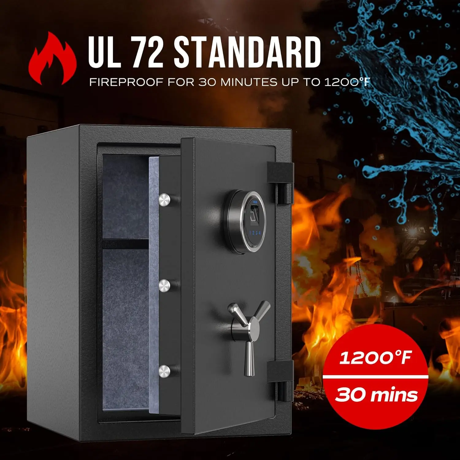 Deluxe Biometric Fireproof Safe Box,Digital Fingerprint Fireproof Waterproof Safe with Touch Screen,Removable Shelf and 3 Spoke