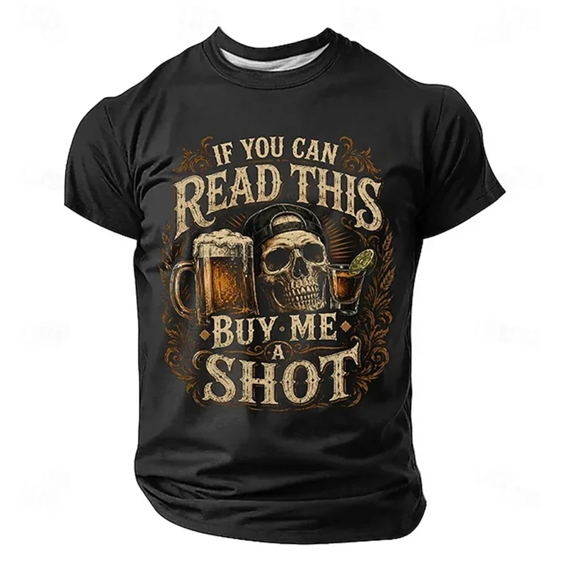 Fashion Men's Funny Quote Graphic T Shirt Retro Skull & Beer Mug Print Casual Short Sleeve Top Trend Street Style Men's Clothes