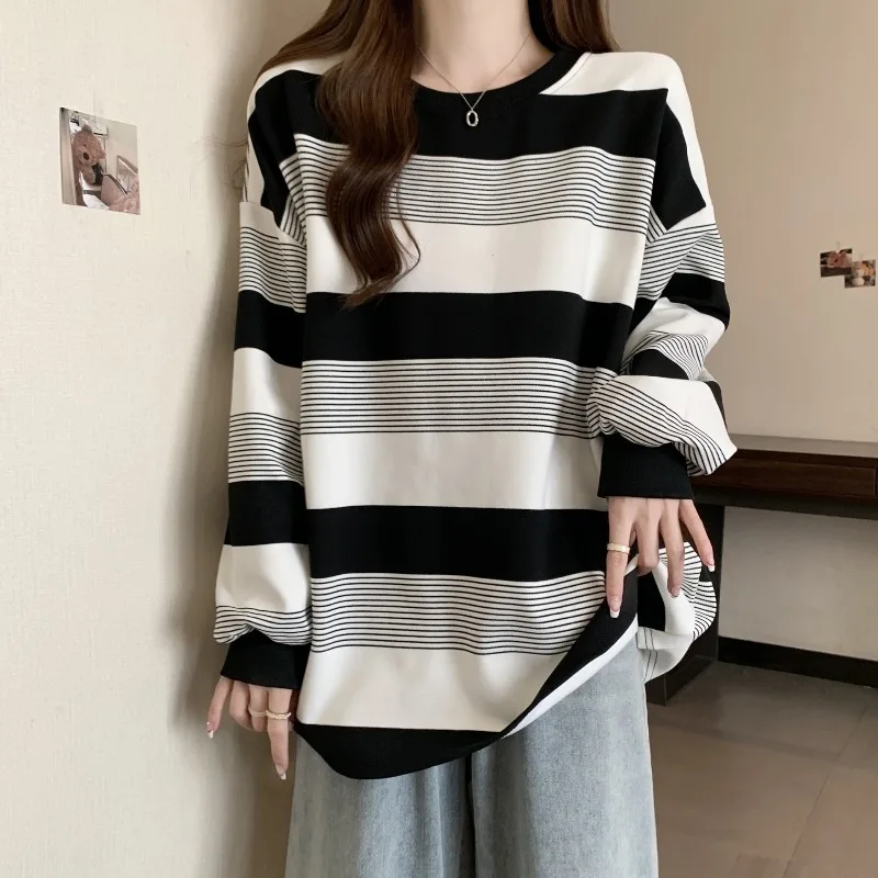 Women Casual Color Block Striped Long Sleeve T-Shirt Crew Neck Loose Oversized Pullover Tops Korean Lazy Style Blouse