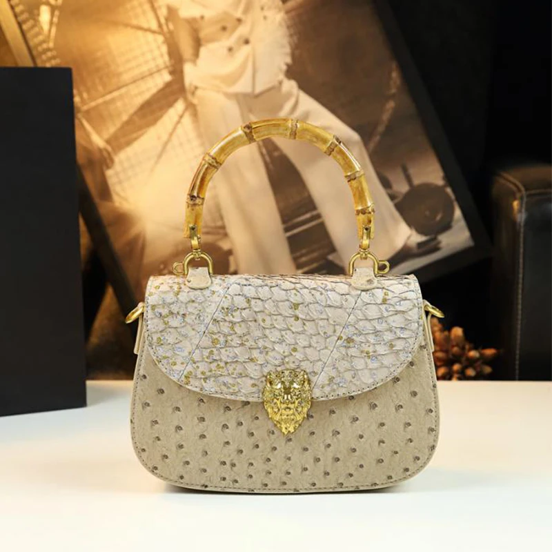 Luxury Lion Head Gold Handle Handbag Brand Ostrich Pattern Fashion Design Genuine Leather Lady New Bamboo Handle Versatile Bag
