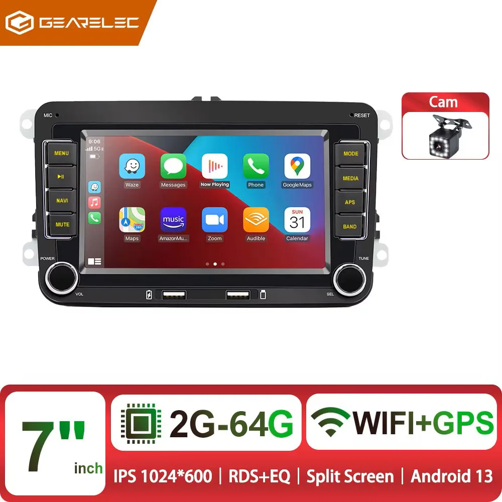 2-DIN autoradio met Android 13, multimedia-speler, GPS, wifi en Carplay, geschikt voor Volkswagen, Skoda Octavia, Golf 5, 6, Touran en Passat, en Polo.