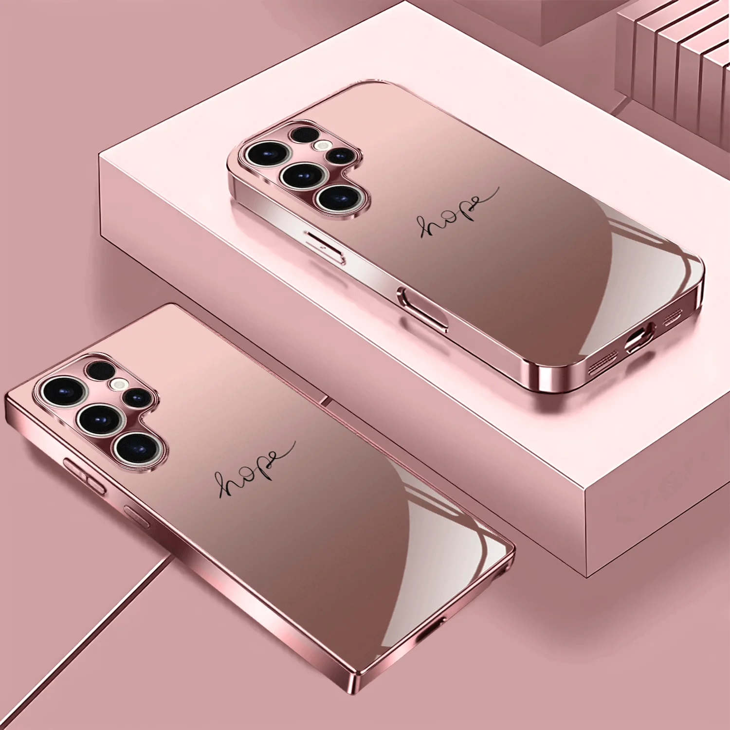 Roségold galvanisierte Glas-Handyhülle in Rosa, geeignet für Samsung Galaxy S26/S25/S24/S23/S22/S21, usw. – Detail 2