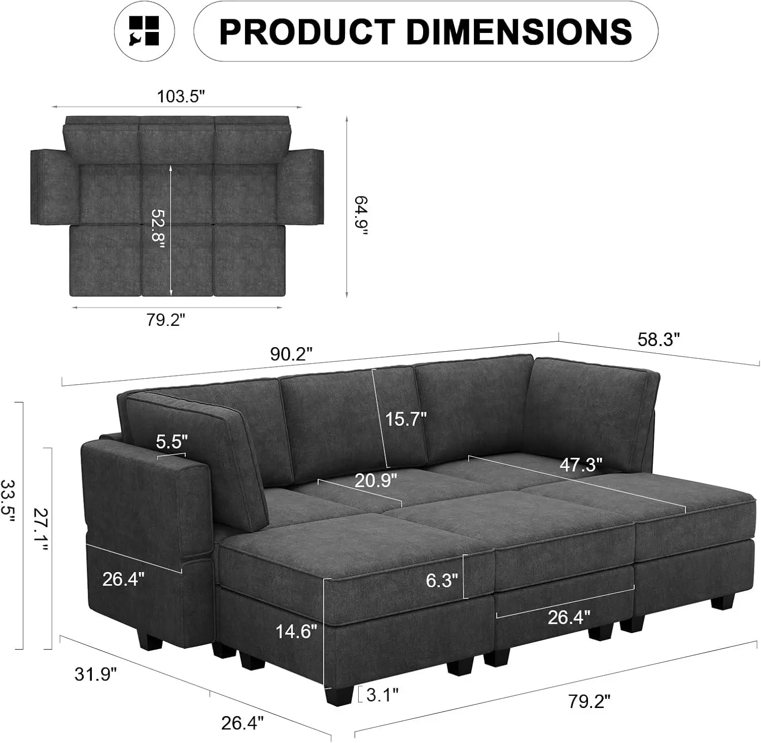 Belffin Modular Sofa Bed Module Sectional Sleeper Sofa Convertible Sectional Couch Bed Set Sleeper Couches Black