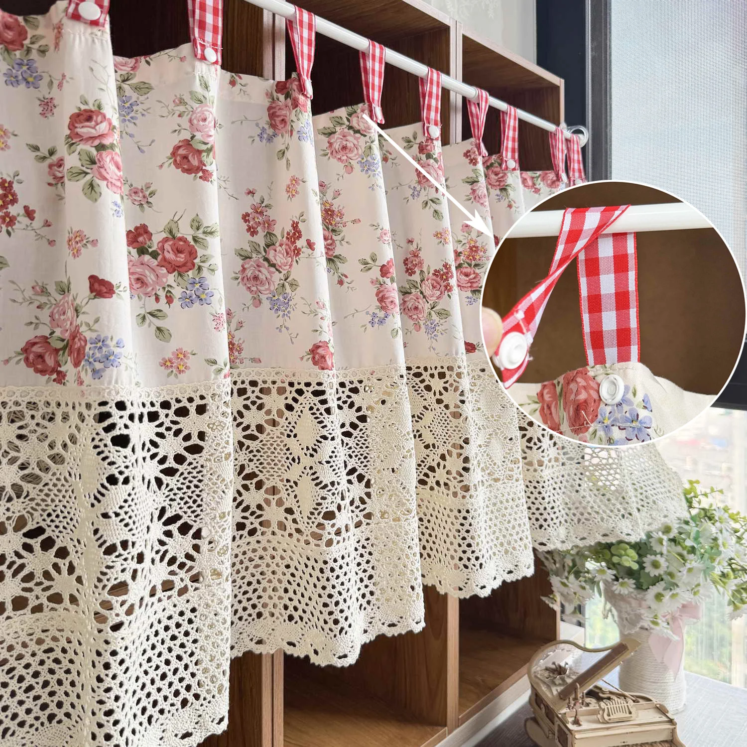 Crochet Lace Floral Valance Curtain Red Gingham Button Tab Top Cafe Curtain Short Window Drapes for Cabinet Kitchen Home Decor