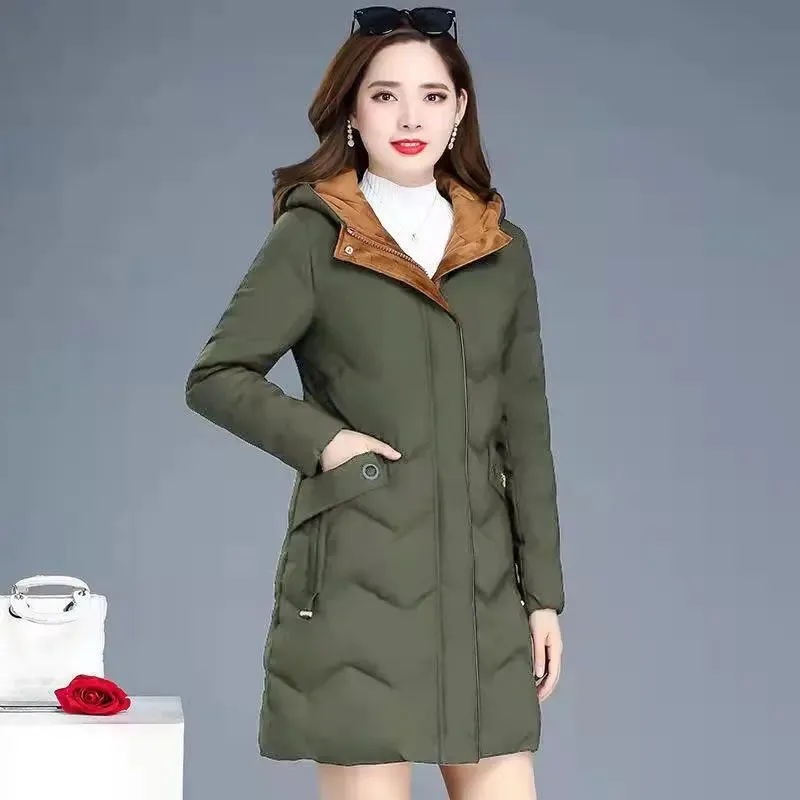 New Female Thickened Down Cotton Jacket Autumn Winter Cold Warm Padded Jackets Women\'s Casual Hooded Parka Overcoat Black 6XL