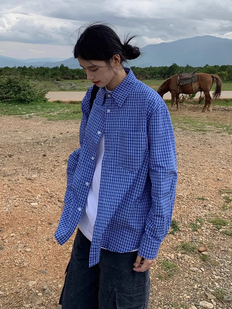 

Мужская рубашка в американском ретро-стиле, синяя в клетку, с длинным рукавом, весна-осень, свободный крой, с воротником, из полиэстера, молодежный тренд