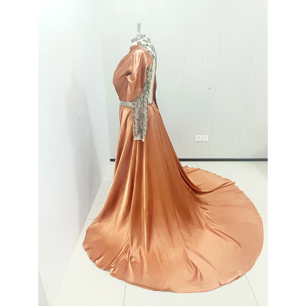 Luxury Arabic Orange Brown Long Sleeve Evening Dress with Cape Dubai Beaded Elegant Women Wedding Party Gowns