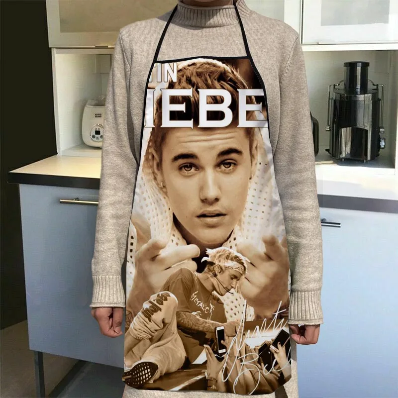 Custom Justin Bieber Apron Dinner Party Cooking Apron Adult Baking Accessories Waterproof Fabric Printed Cleaning Tools 1014