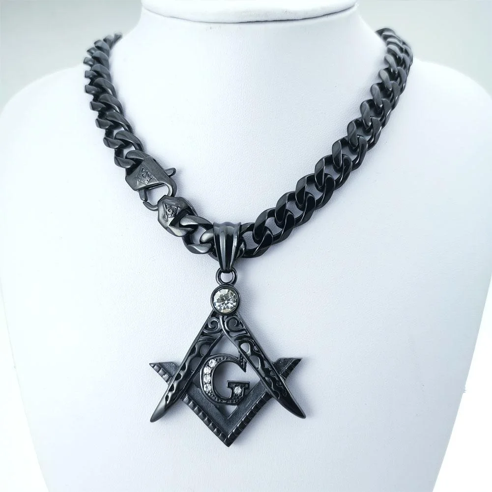 Rhinestone Pendant Necklace 11mm Width Black Stainless Steel Freemasonry Masonic