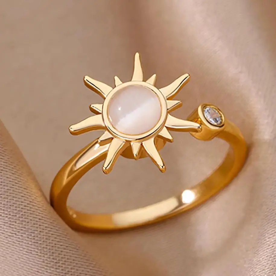 Rotating Sun Opal Ring For Women Stainless Steel Retro Charm Adjustable Open Rings Party Jewelry Best Friend Gift Bijoux Femme