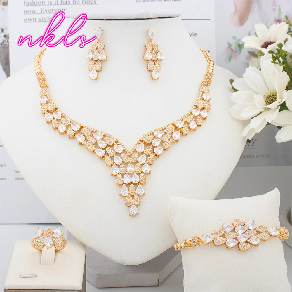 

Fashion Zircon Rhinestone Necklace Earrings Bangle Ring Set for Bride Wedding Luxury Crystal Jewelry Sets Party Bijoux Femme