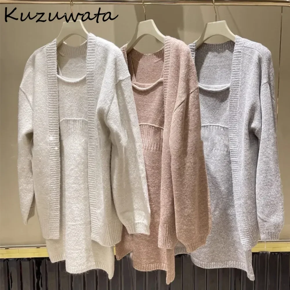 Kuzuwata New Elegant Long Sleeve Set Cardigan Sling Strapless Patchwork Slim Fit Robe Japanese Knit Moda French Style Suit Dress