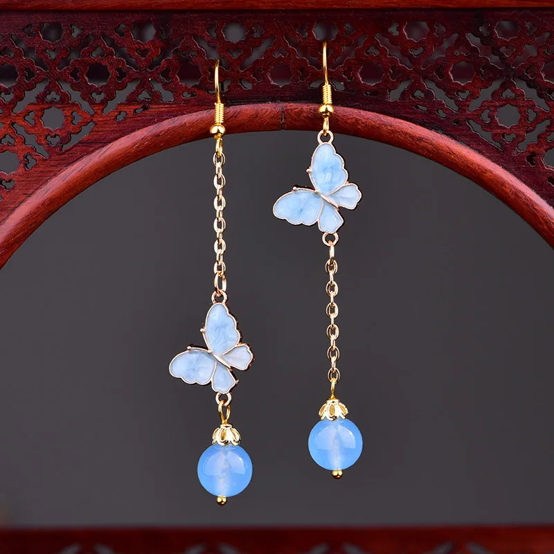 Temperamental Elegant Asymmetrical Position Blue Butterfly Earrings Dignified Gentle Blue Crystal Pendant Earrings