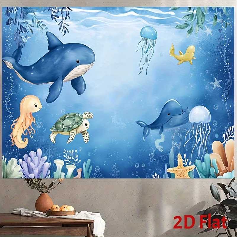 Cartoon Blue Whale Turtle Jellyfish Ocean Tapestry 2D Flat Printing Wall Hanging Backdrop for Kids Room Nursery DecorSea LifeArt