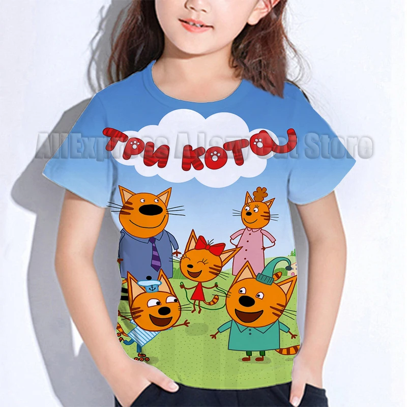 Camiseta de tres gatitos para niño y niña, camisa de manga corta con estampado de dibujos animados, Kawaii, ropa de verano