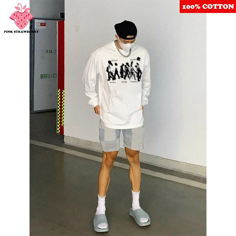 

American retro long sleeved T-shirt Men's Autumn Winter 25 New 100% Cotton Street abstract Print Tee Loose Y2k Top men clothing