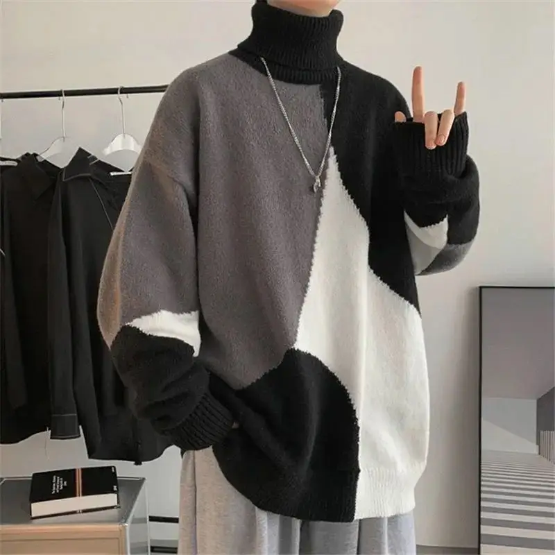 2023 Autumn and Winter Men\'s New Fashion High Neck Panel Sweater Thick Fashion Loose Relaxed Comfortable Versatile Top